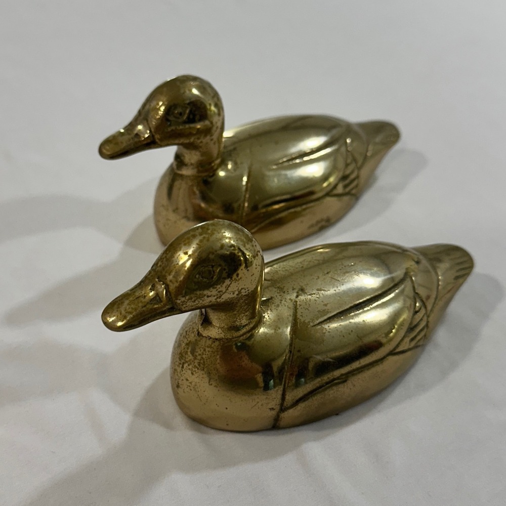 Vintage Brass Duck Figurines Set of 2 Mallard Decoy Paperweight Gold MCM 5.5in